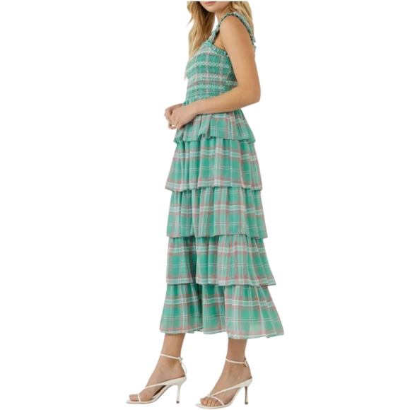 ENGLISH FACTORY Midaxi Smocked Sundress Green Plaid Tiered Square Neck Cottage L - Picture 8 of 8